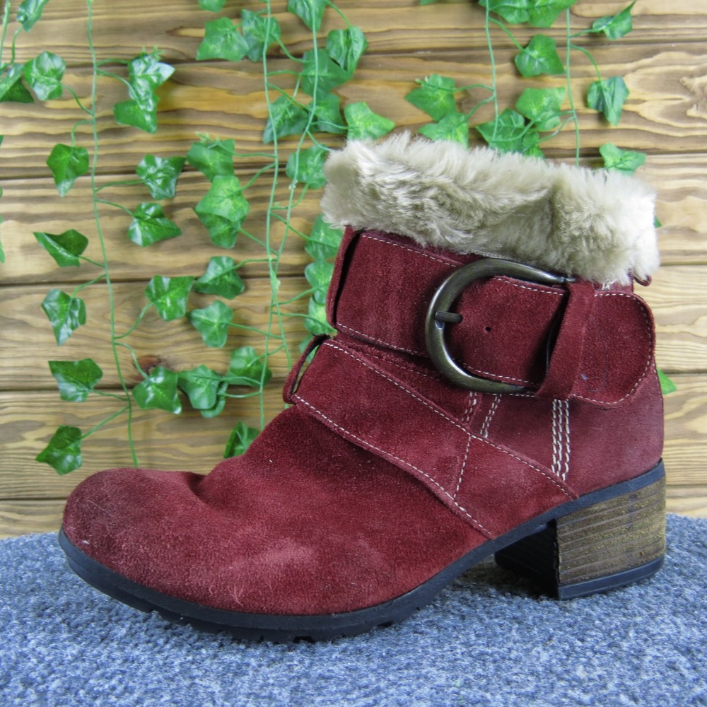 Josef Seibel Red Suede Ankle Boots Women Size 38 Faux Fur Cuff Buckle Accent